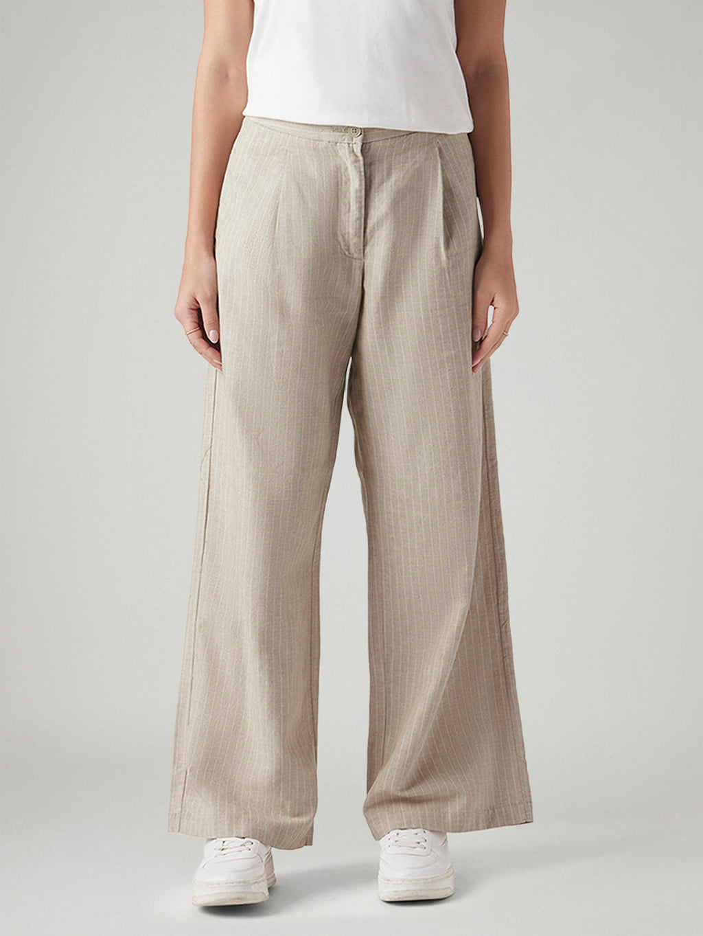 Women's Beige Straight Fit Mid Rise Trousers