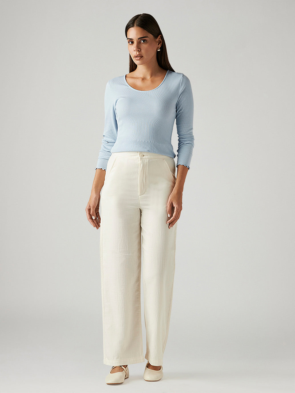 Women's Off White Loose Fit High Rise Trousers