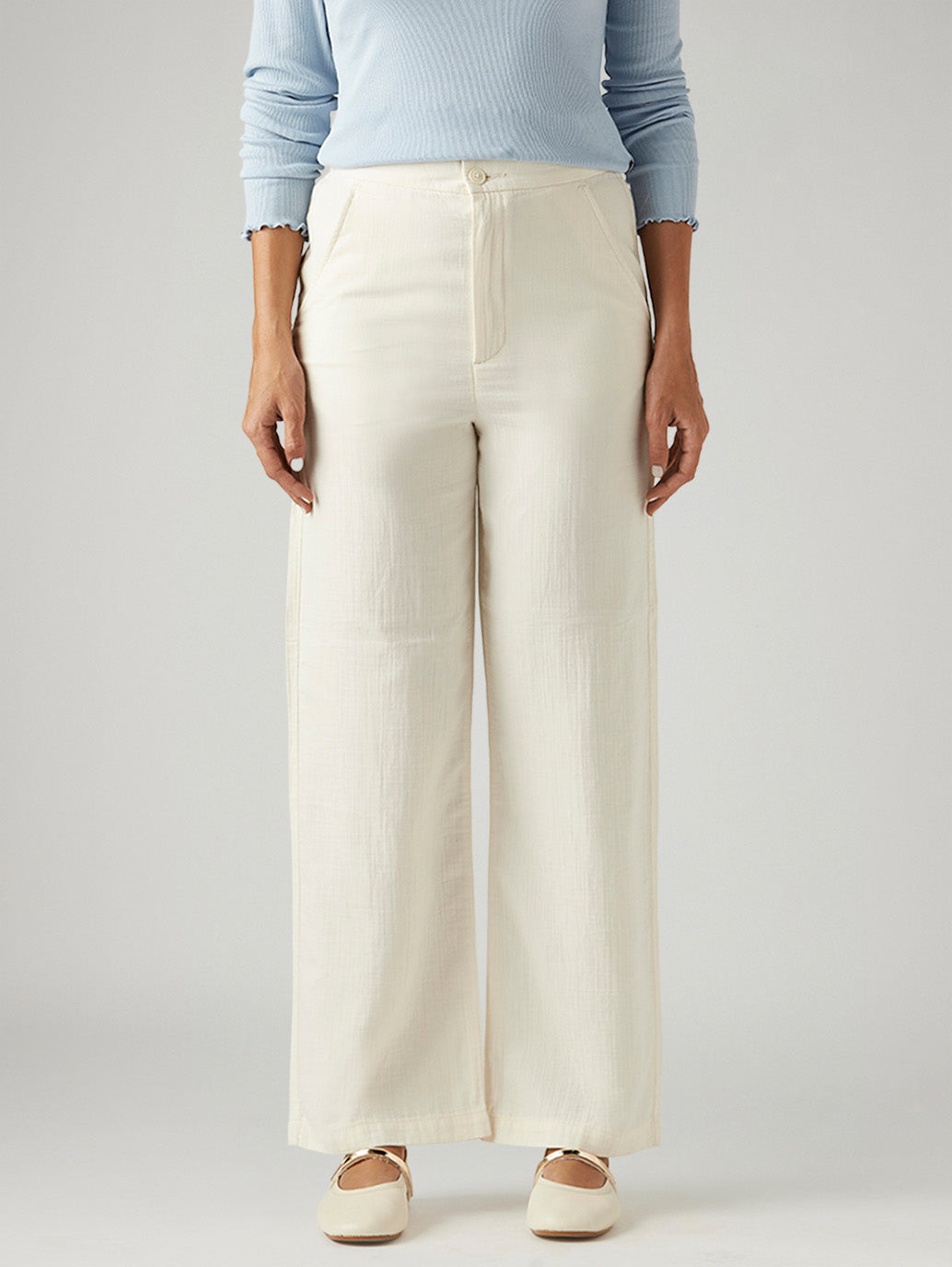 Women's Off White Loose Fit High Rise Trousers
