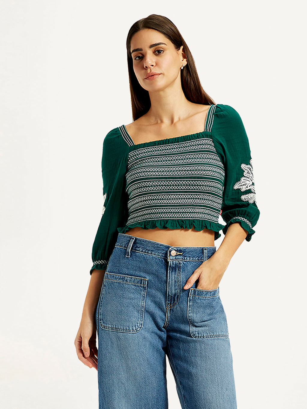 Women's Embroidered Green Square Neck Top