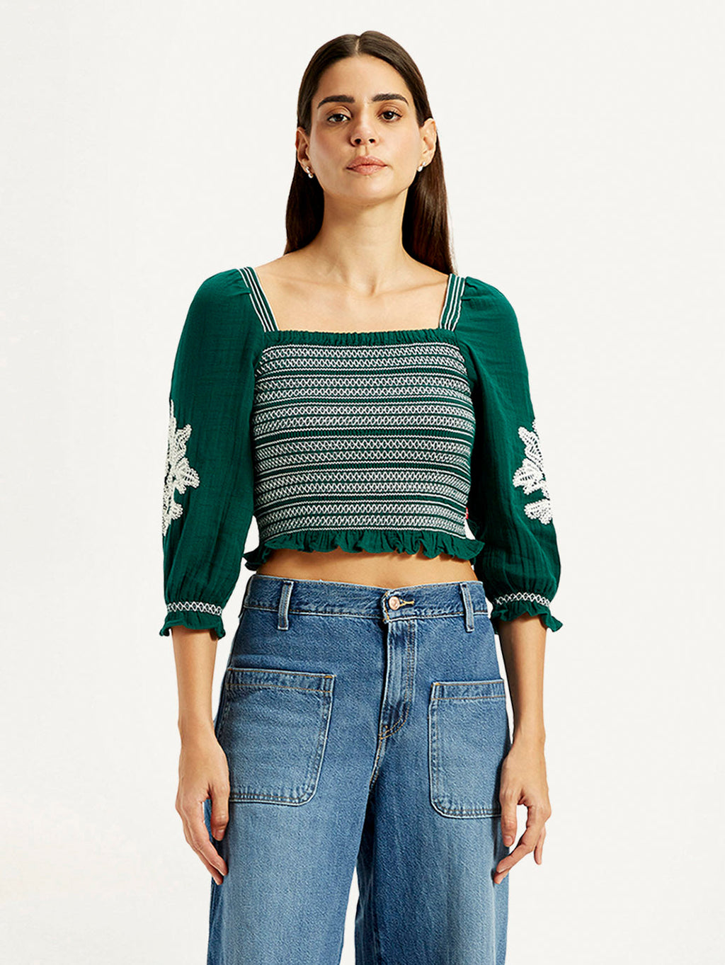 Women's Embroidered Green Square Neck Top