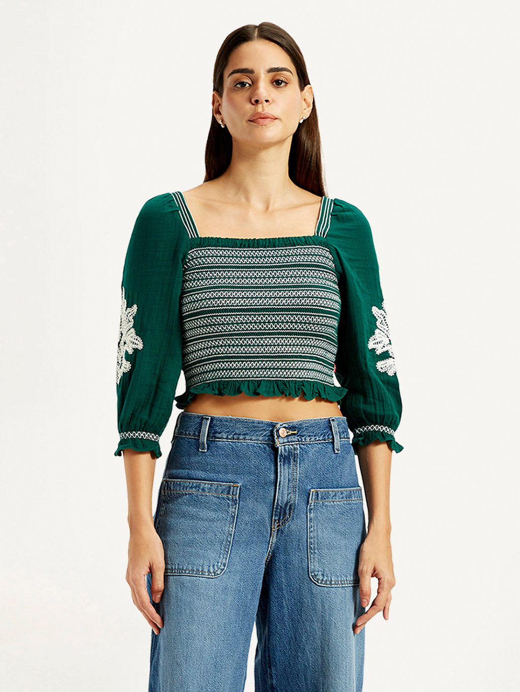 Women's Embroidered Green Square Neck Top