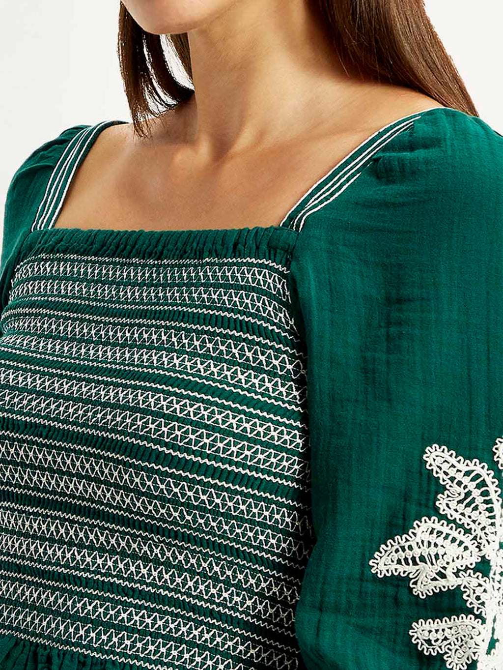 Women's Embroidered Green Square Neck Top