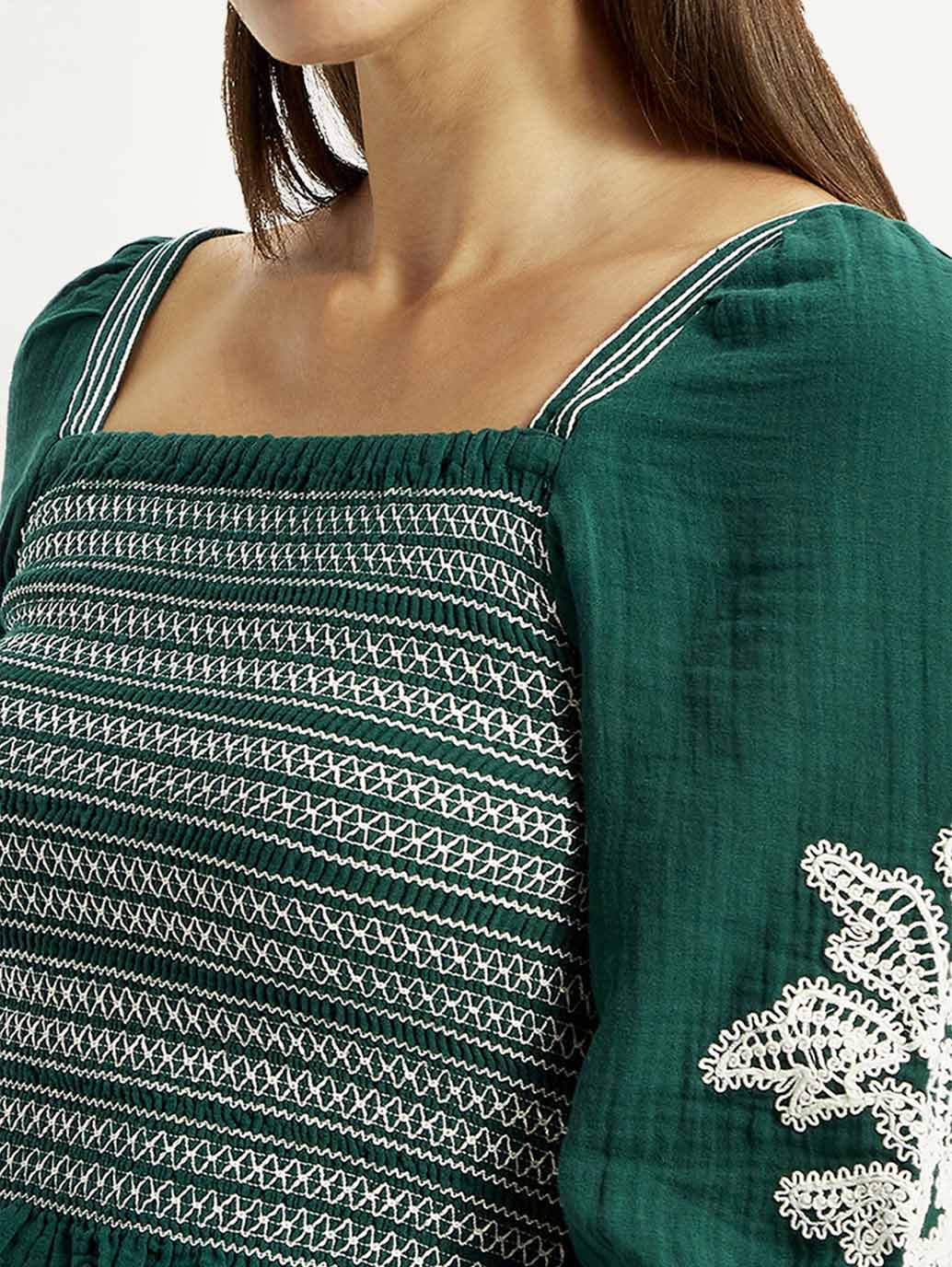 Women's Embroidered Green Square Neck Top