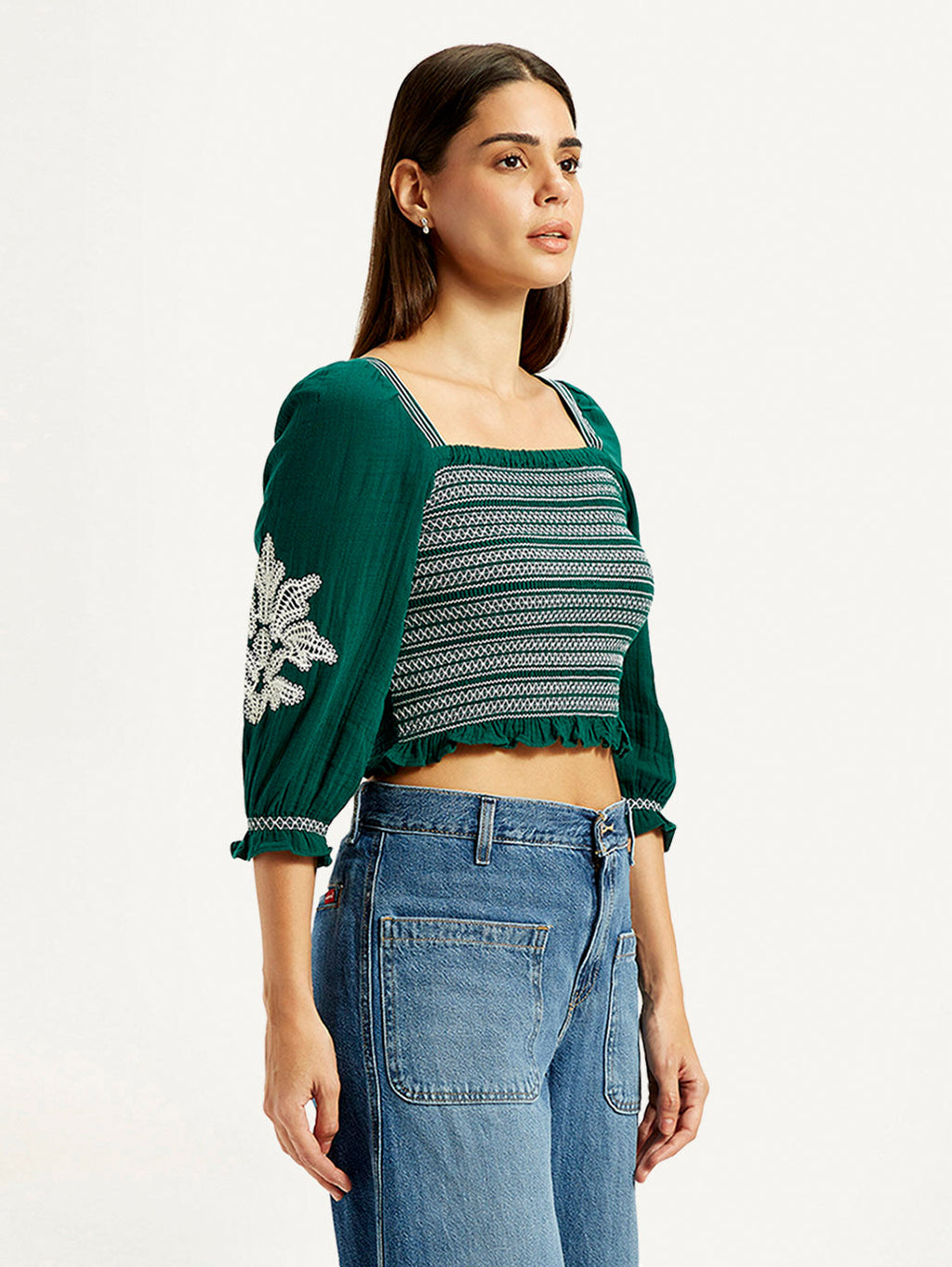 Women's Embroidered Green Square Neck Top