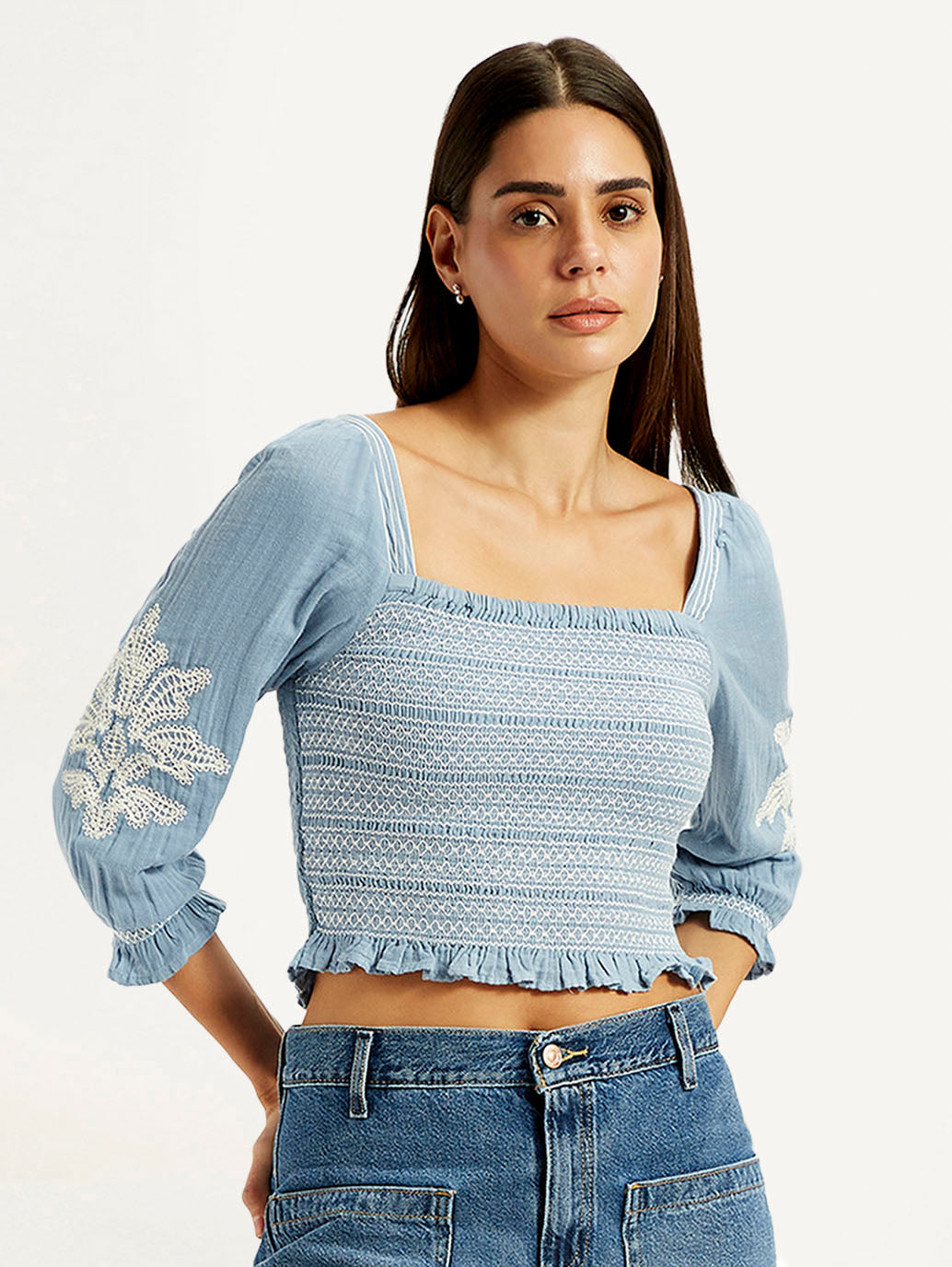 Women's Embroidered Light Blue Square Neck Top