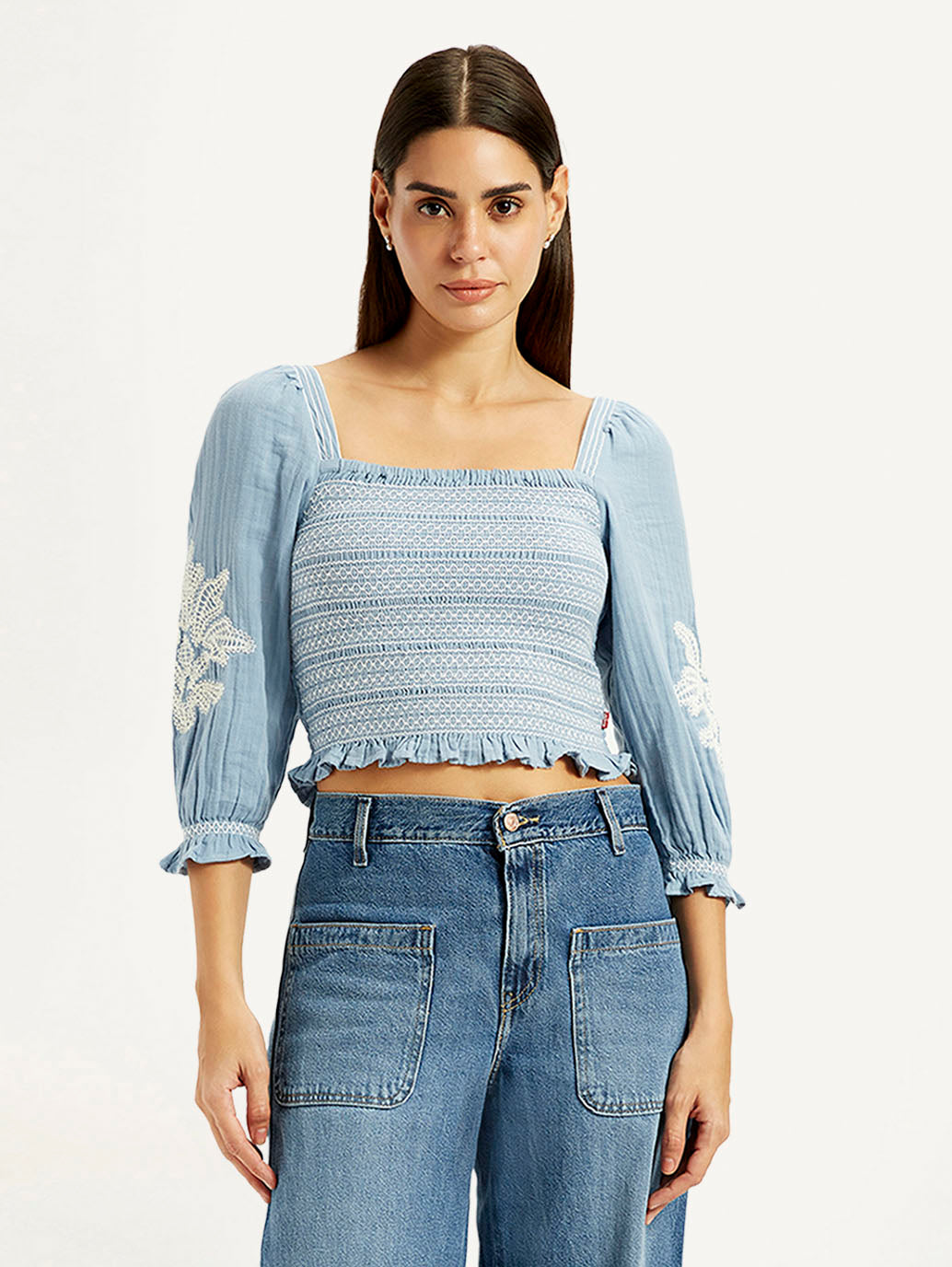 Women's Embroidered Light Blue Square Neck Top