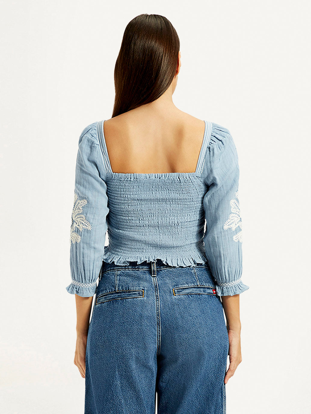 Women's Embroidered Light Blue Square Neck Top