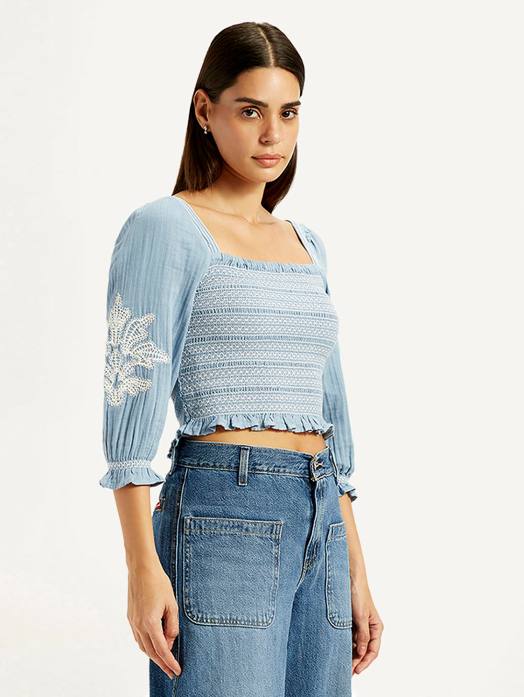 Women's Embroidered Light Blue Square Neck Top