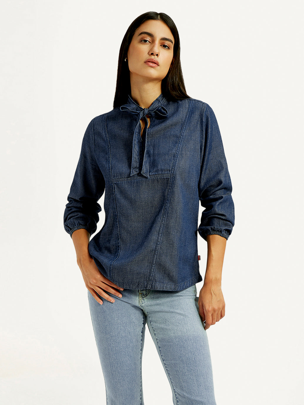 Women's Solid Blue Tie-Neck Top