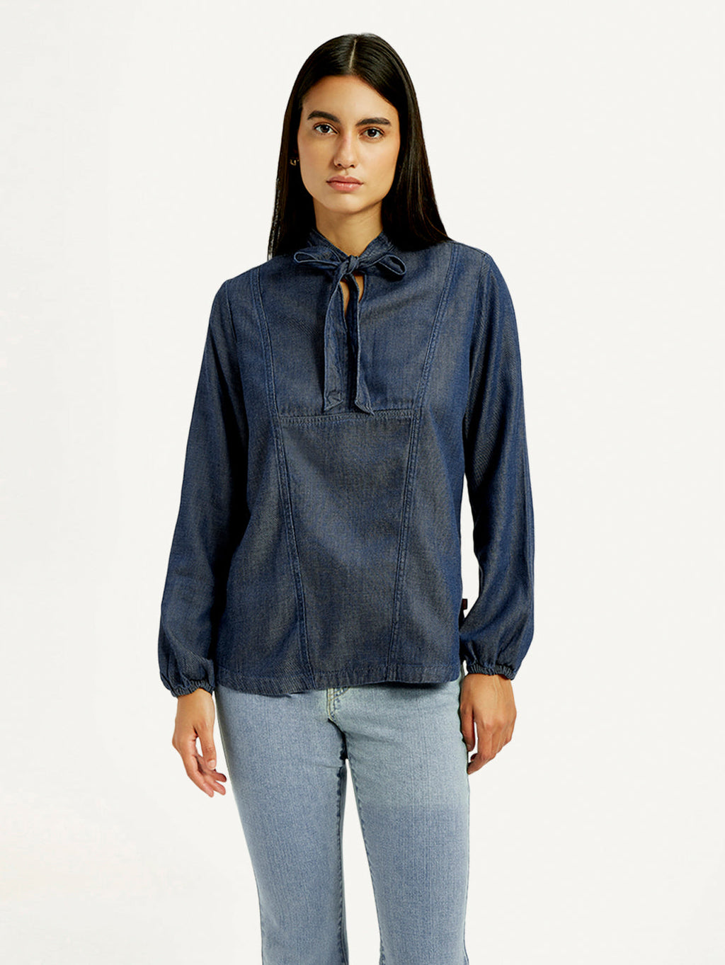 Women's Solid Blue Tie-Neck Top