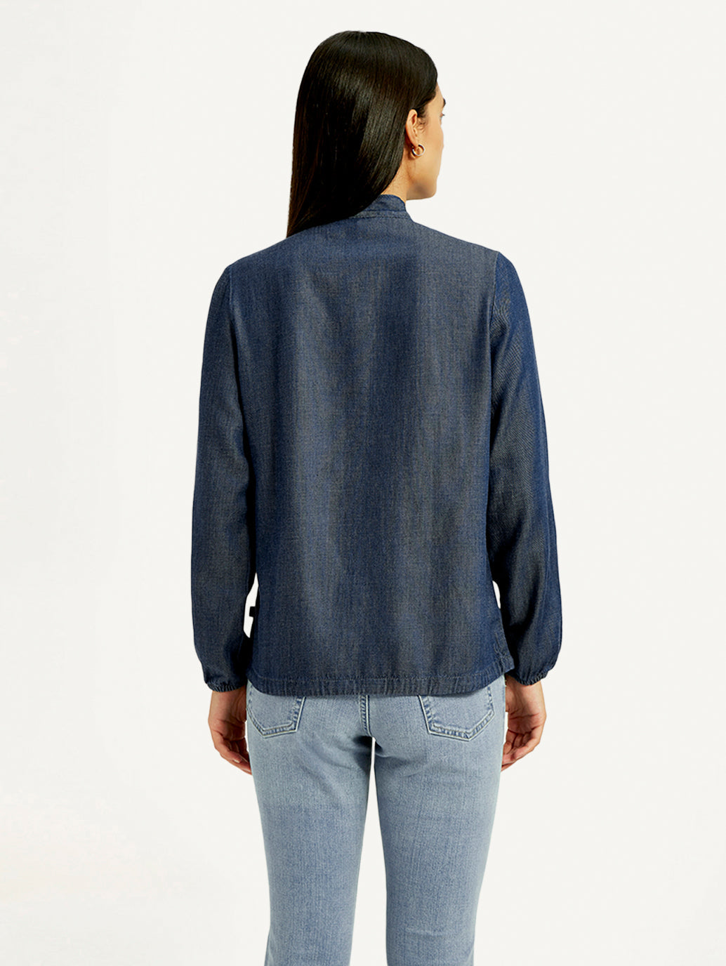 Women's Solid Blue Tie-Neck Top