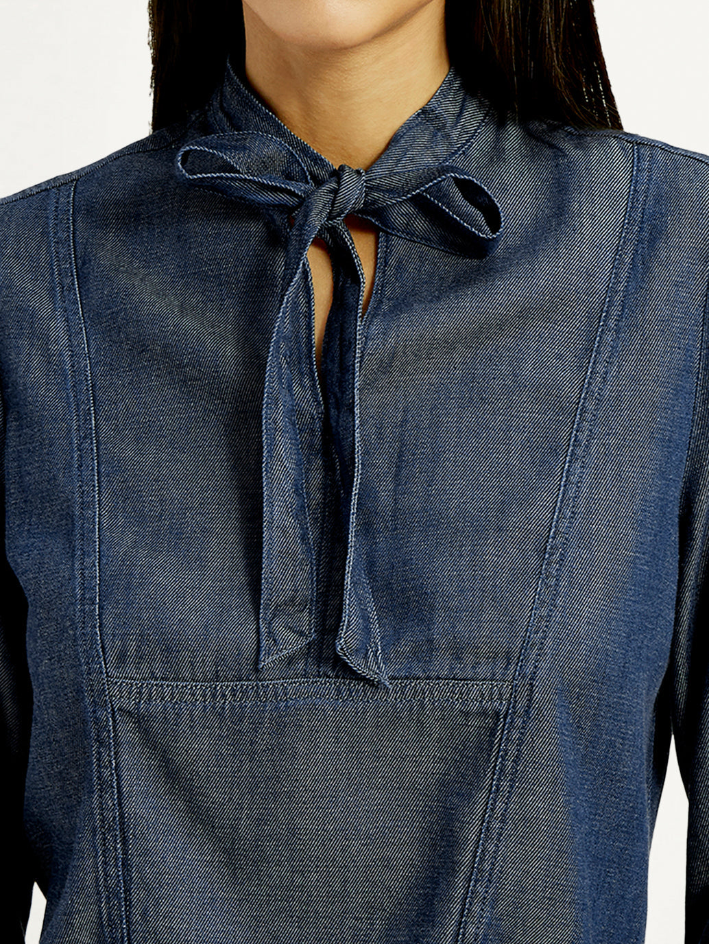 Women's Solid Blue Tie-Neck Top
