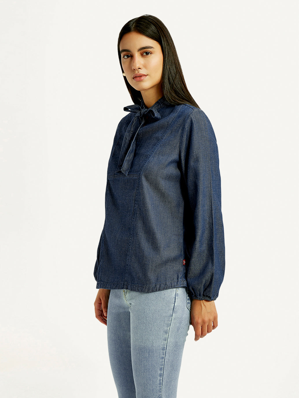 Women's Solid Blue Tie-Neck Top