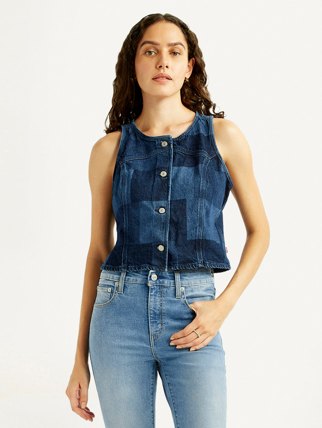 Women's Plaid Dark Blue Round Neck Top