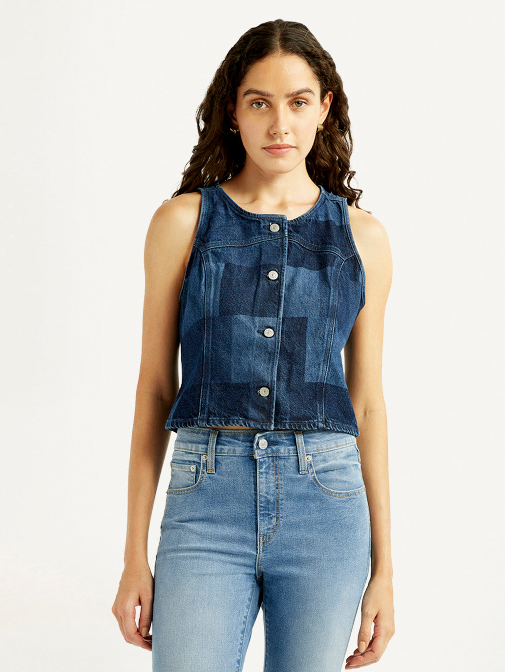 Women's Plaid Dark Blue Round Neck Top