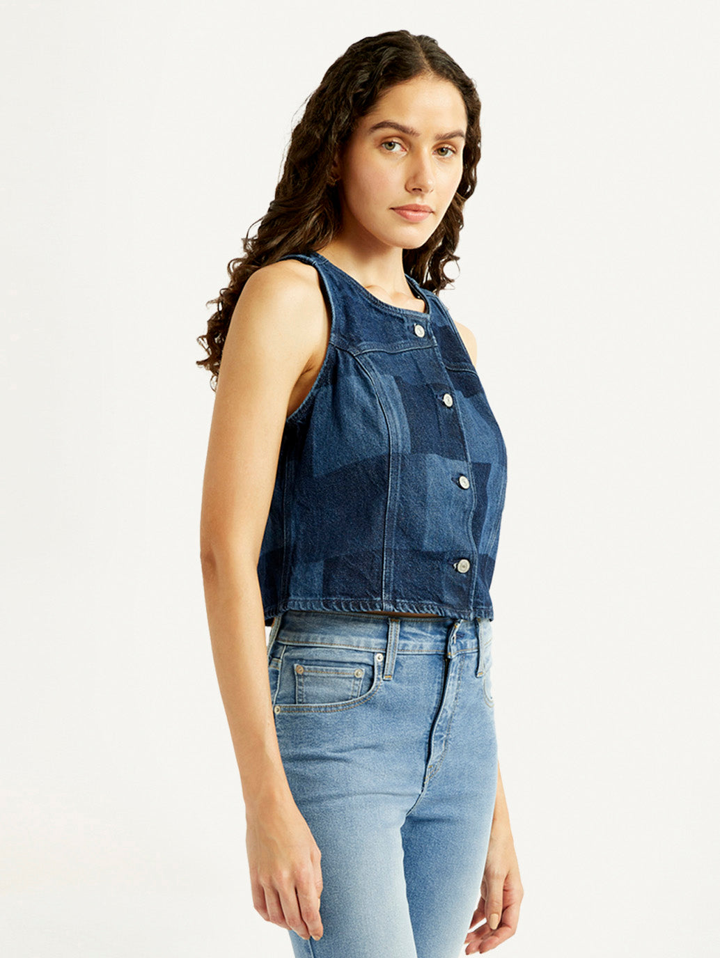 Women's Plaid Dark Blue Round Neck Top