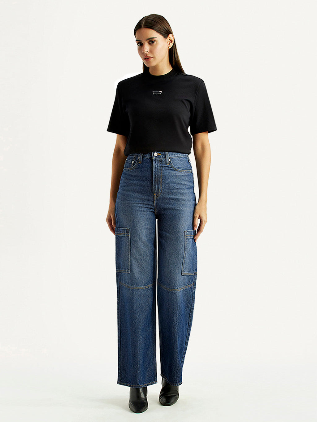 Women's Med Indigo Loose Fit High Rise Jeans