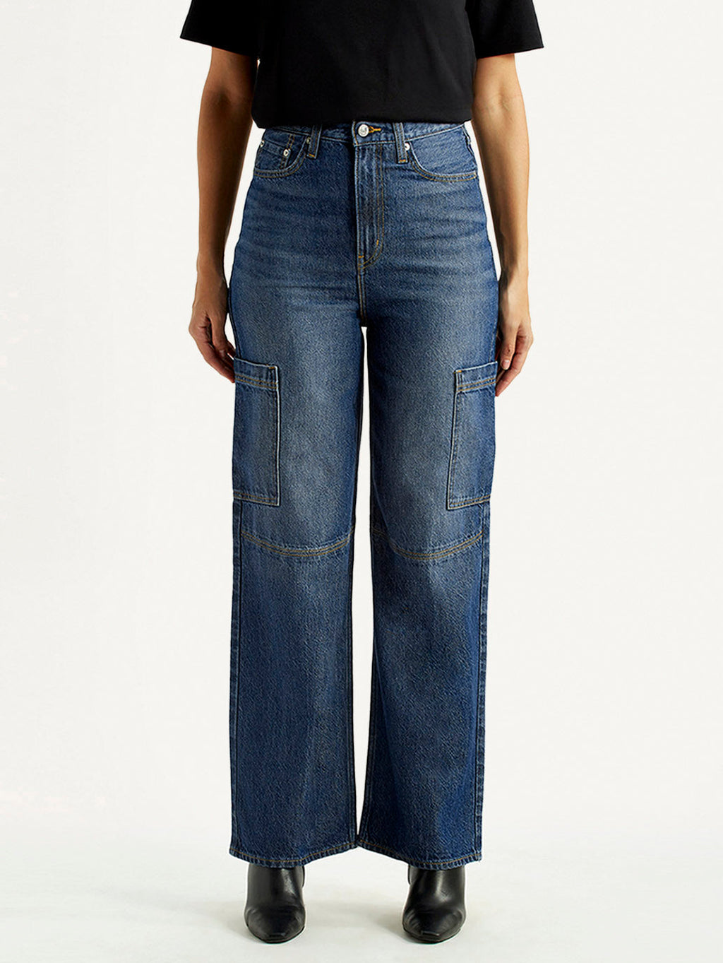 Women's Med Indigo Loose Fit High Rise Jeans