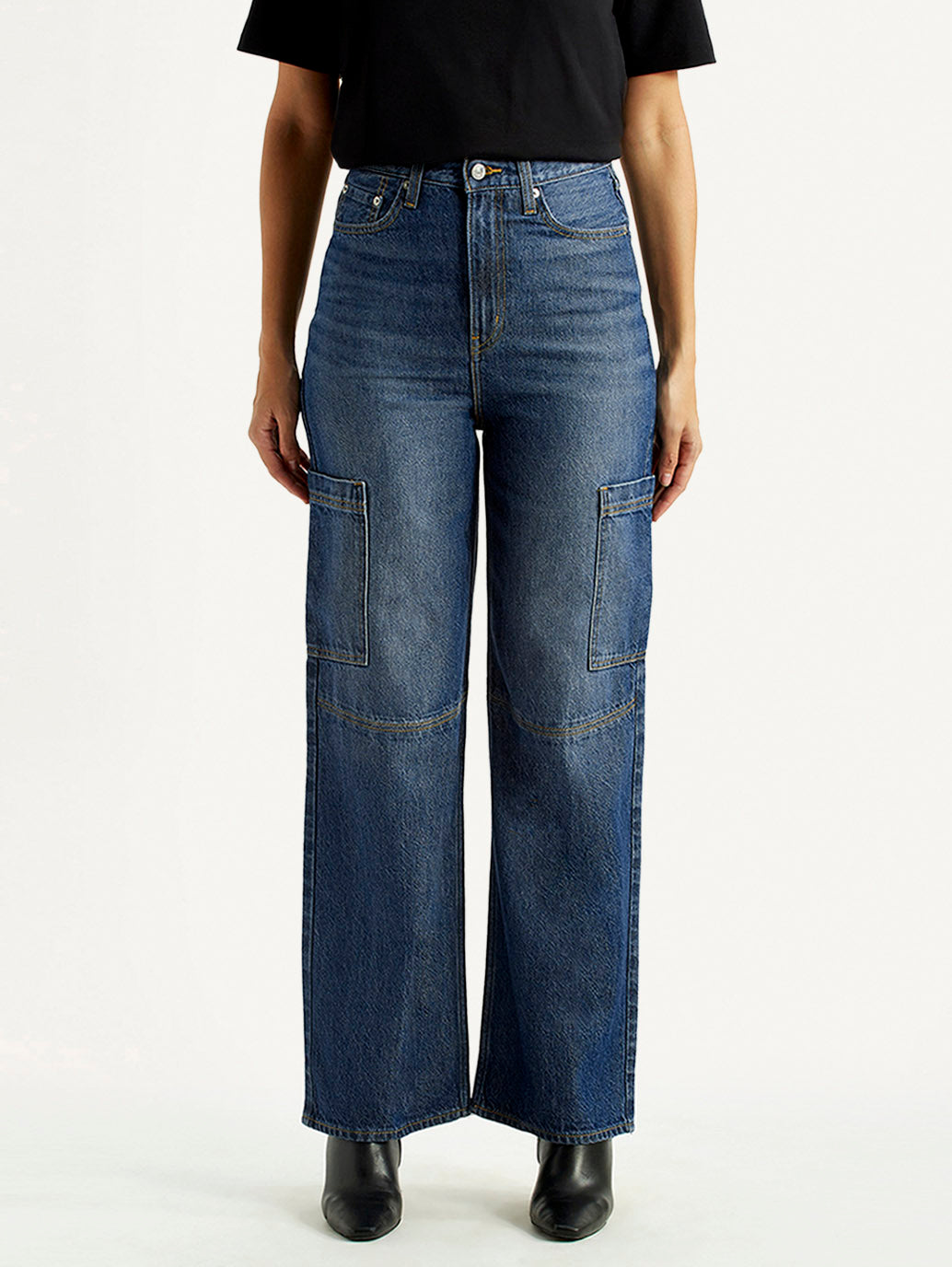 Women's Med Indigo Loose Fit High Rise Jeans