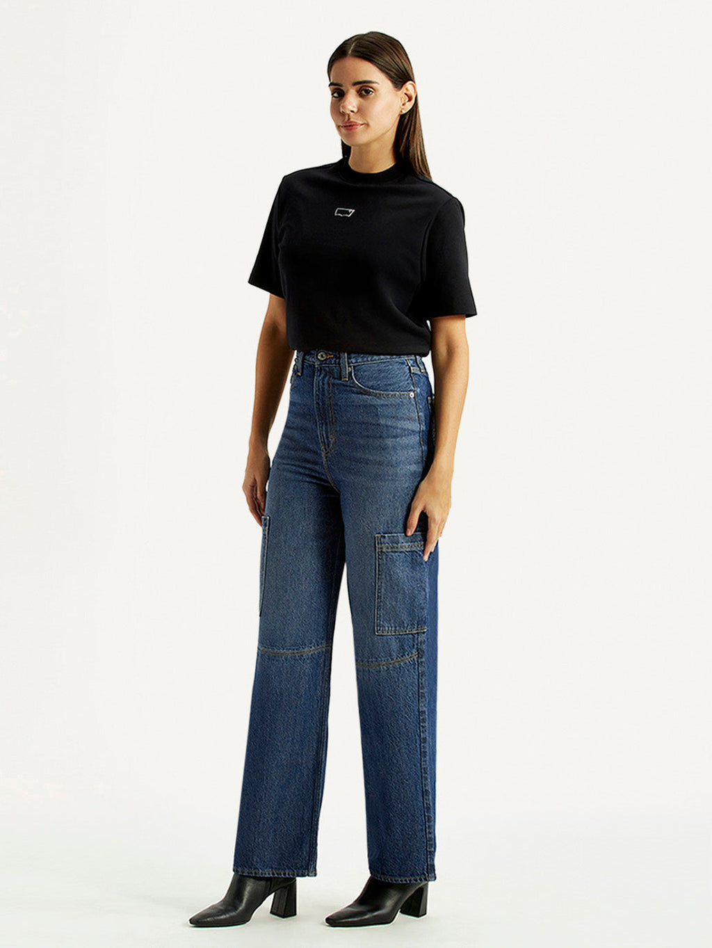 Women's Med Indigo Loose Fit High Rise Jeans