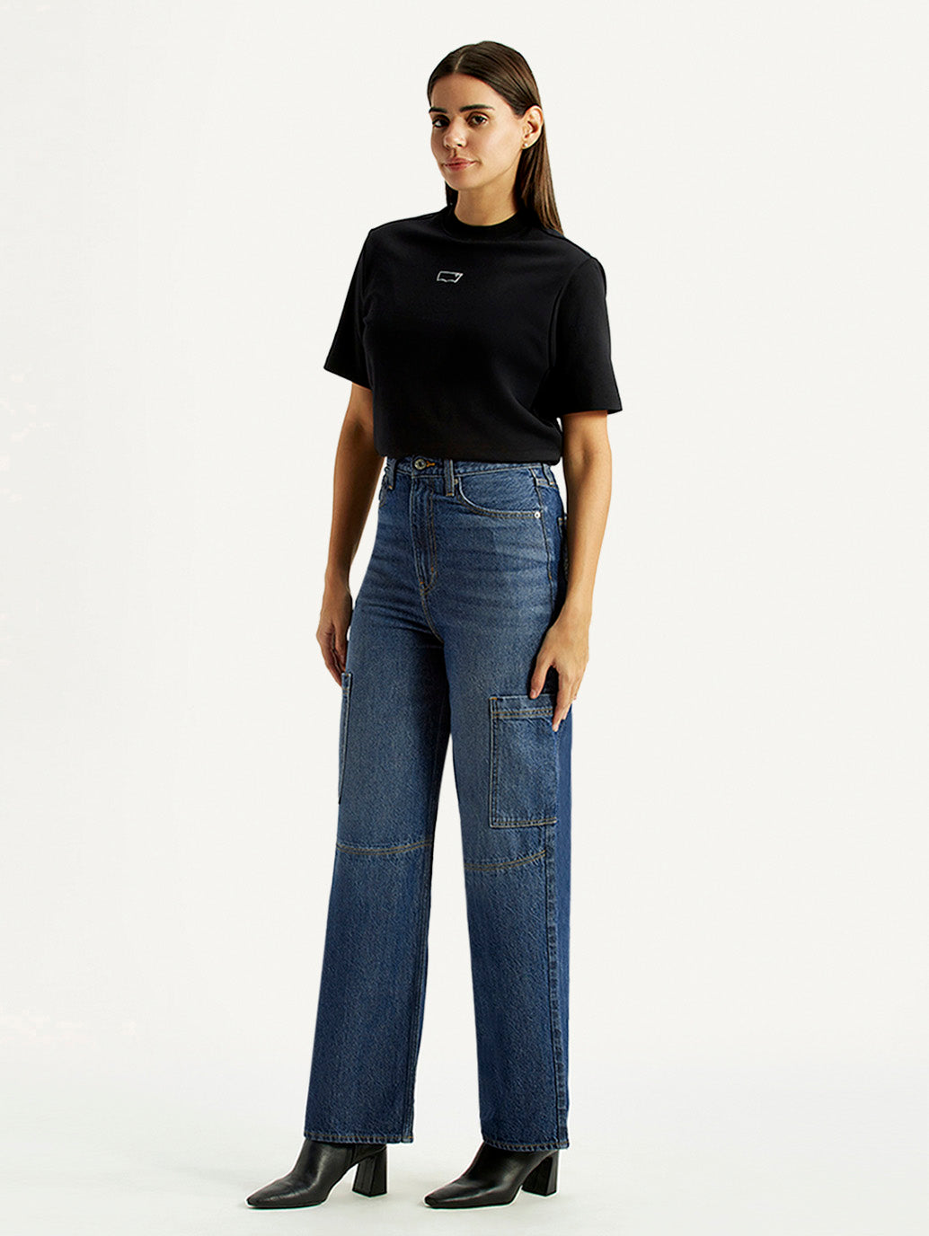Women's Med Indigo Loose Fit High Rise Jeans