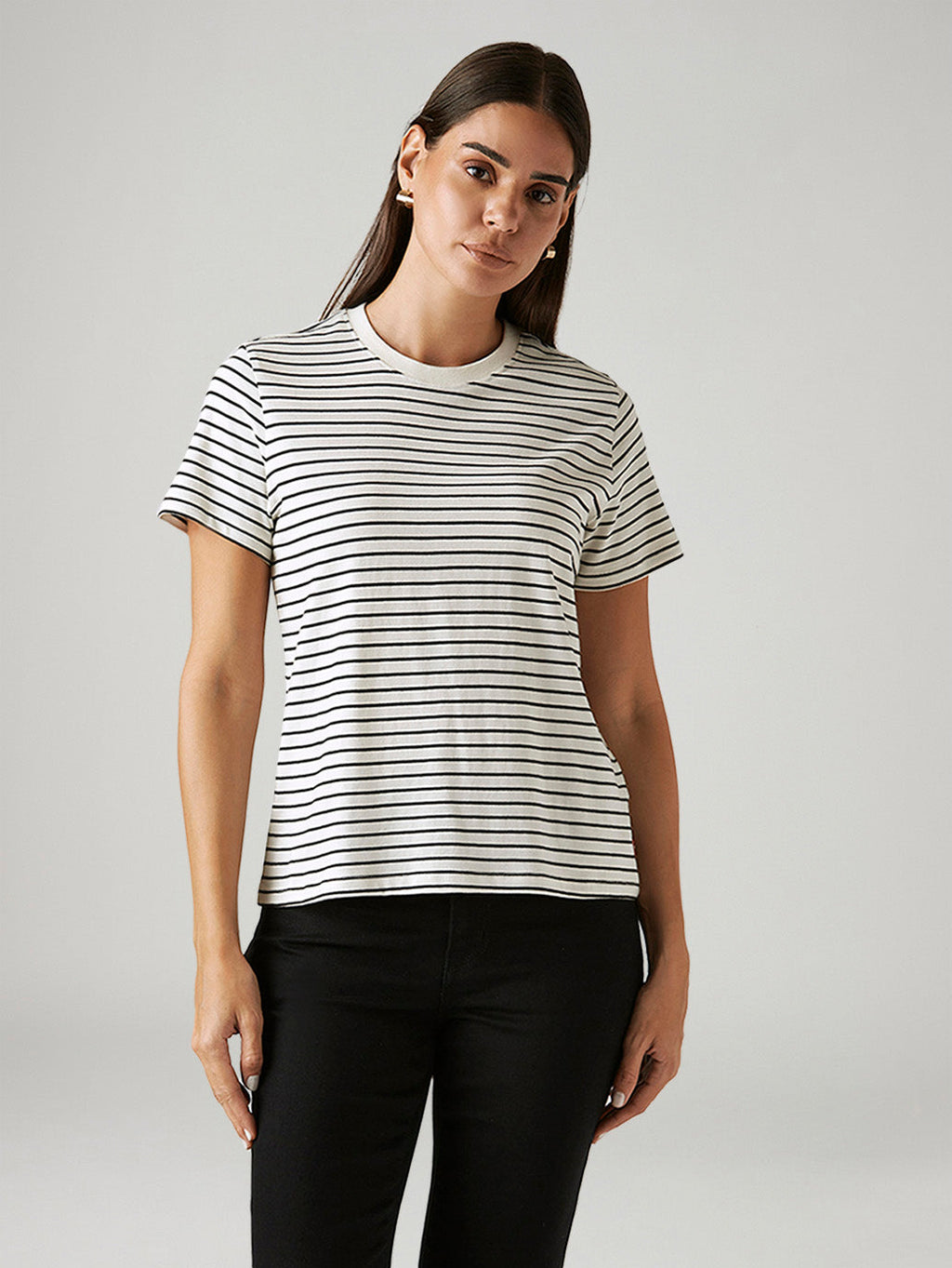 Women's Striped White Crew Neck T-shirt