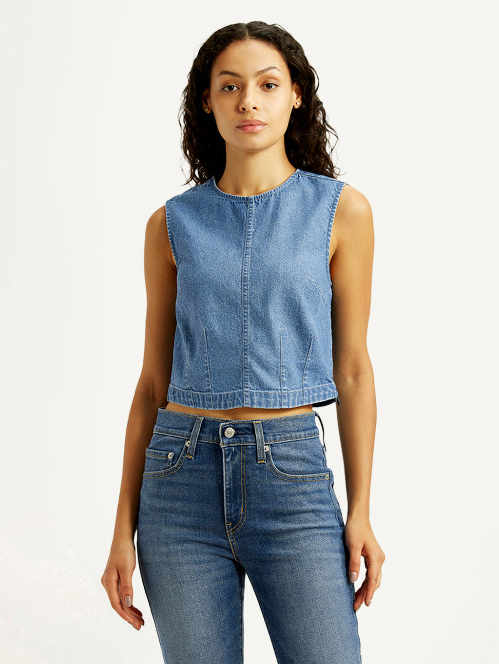Women's Solid Indigo Round Neck Denim Top