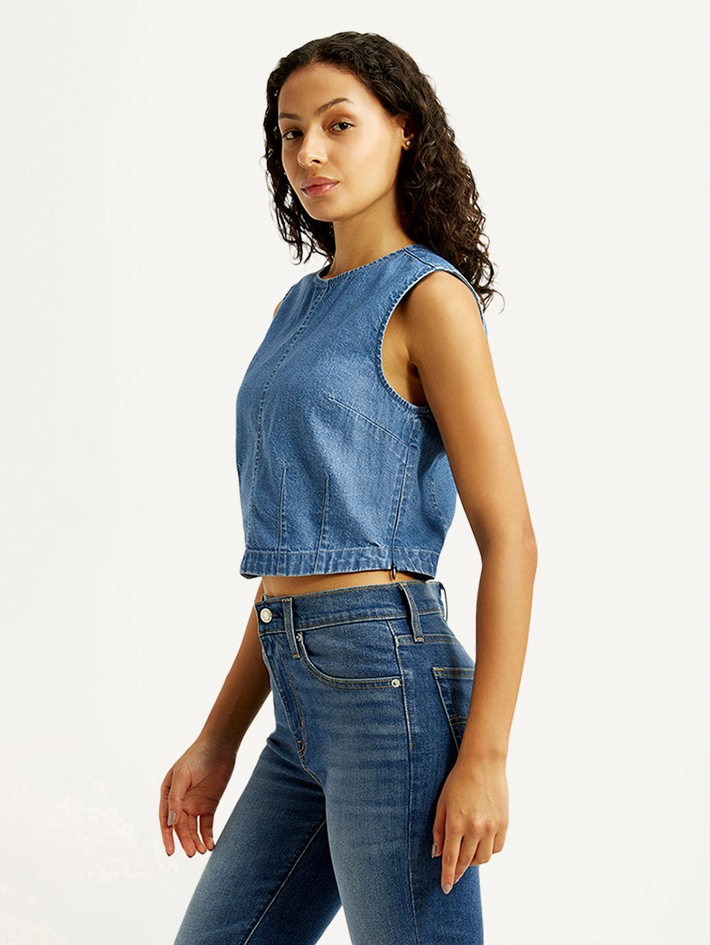 Women's Solid Indigo Round Neck Denim Top