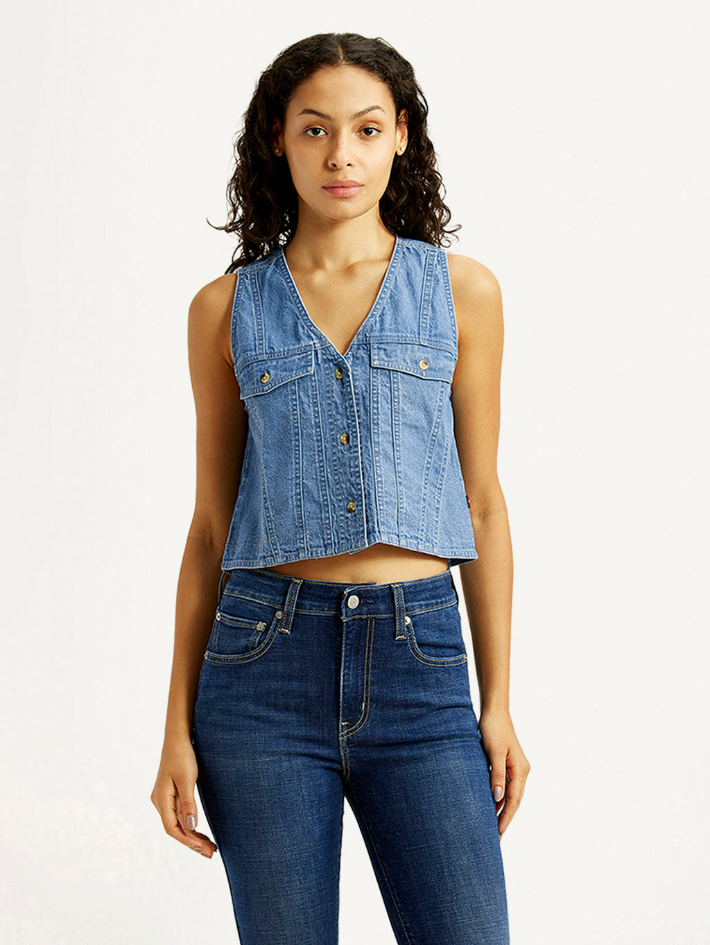 Women's Solid Indigo V-Neck Denim Top