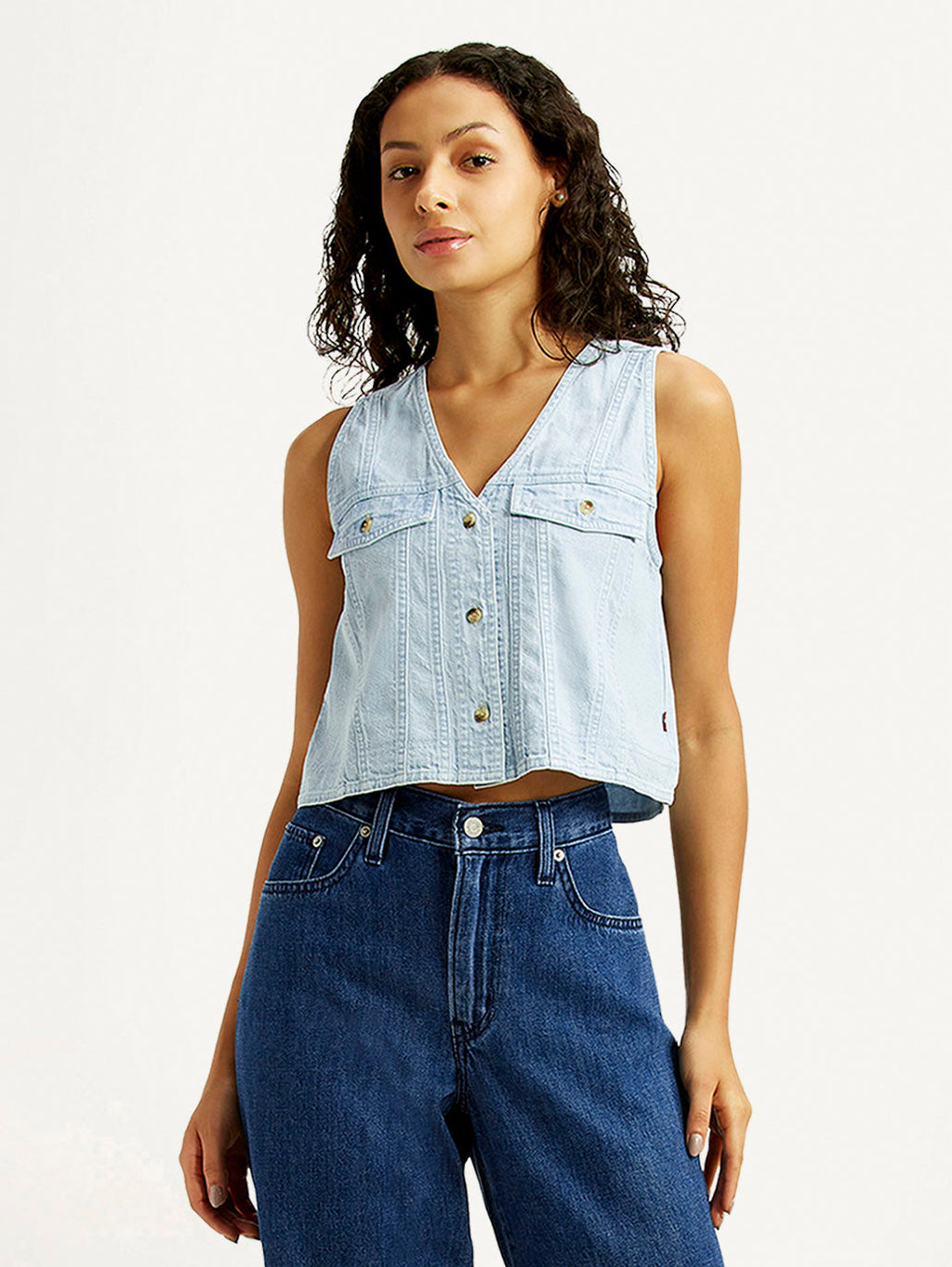 Women's Solid Light Indigo V-Neck Denim Top