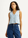 Women's Solid Light Indigo V-Neck Denim Top