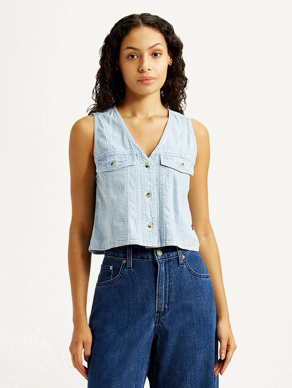 Women's Solid Light Indigo V-Neck Denim Top