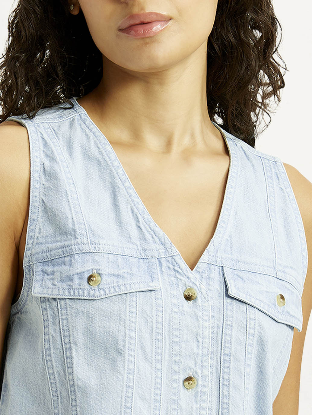 Women's Solid Light Indigo V-Neck Denim Top