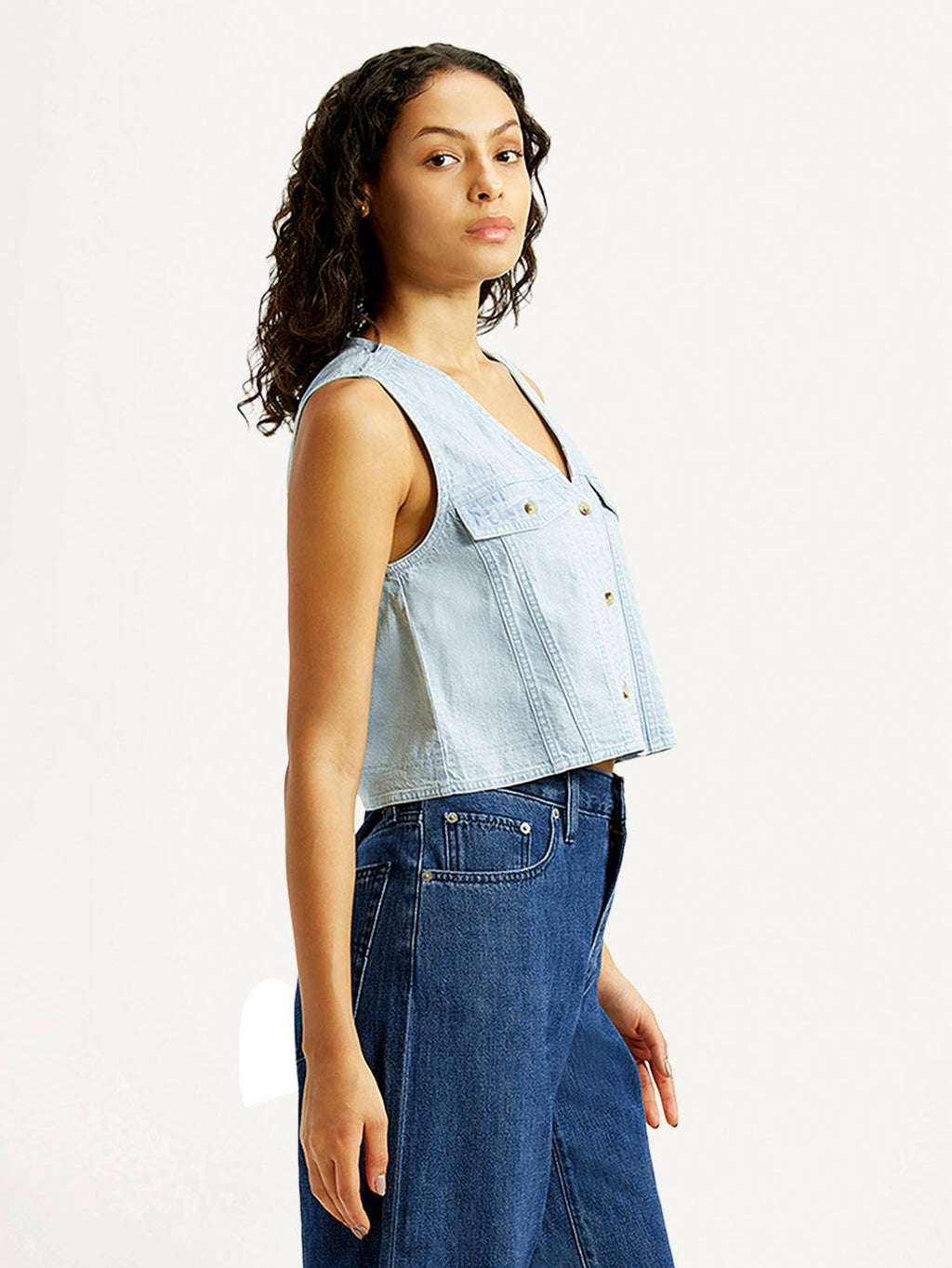 Women's Solid Light Indigo V-Neck Denim Top