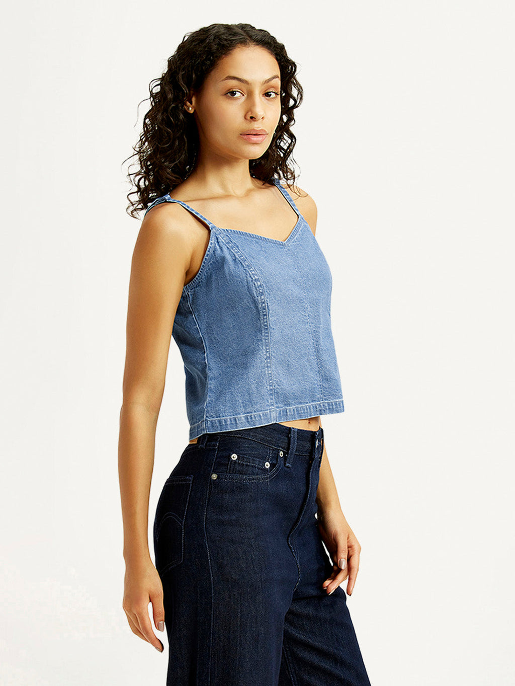 Women's Solid Indigo Sweet Heart Neck Denim Top