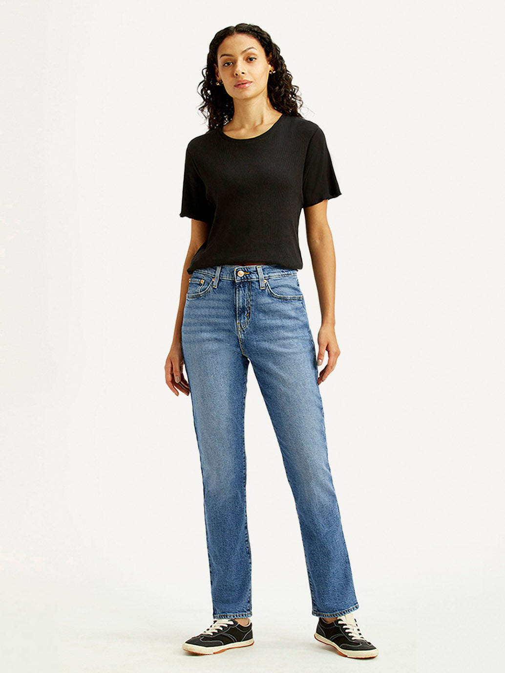 Women's Med Indigo Wedgie Straight Fit Mid Rise Jeans