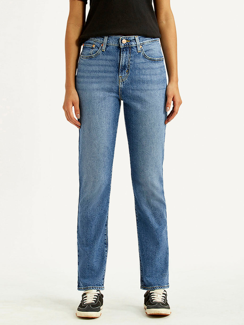 Women's Med Indigo Wedgie Straight Fit Mid Rise Jeans