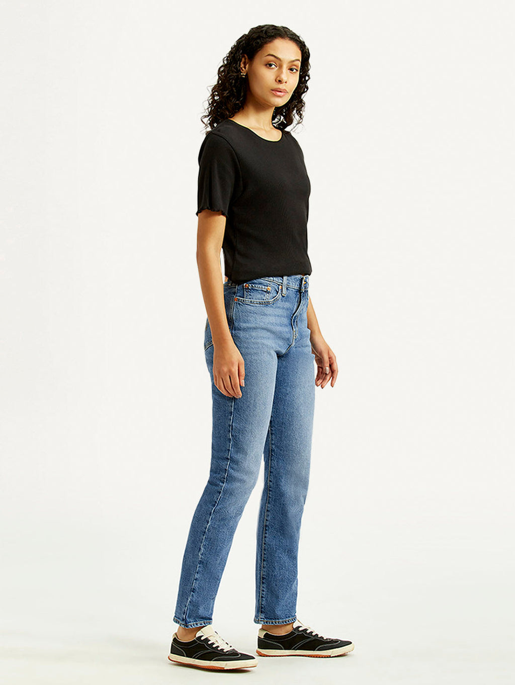 Women's Med Indigo Wedgie Straight Fit Mid Rise Jeans