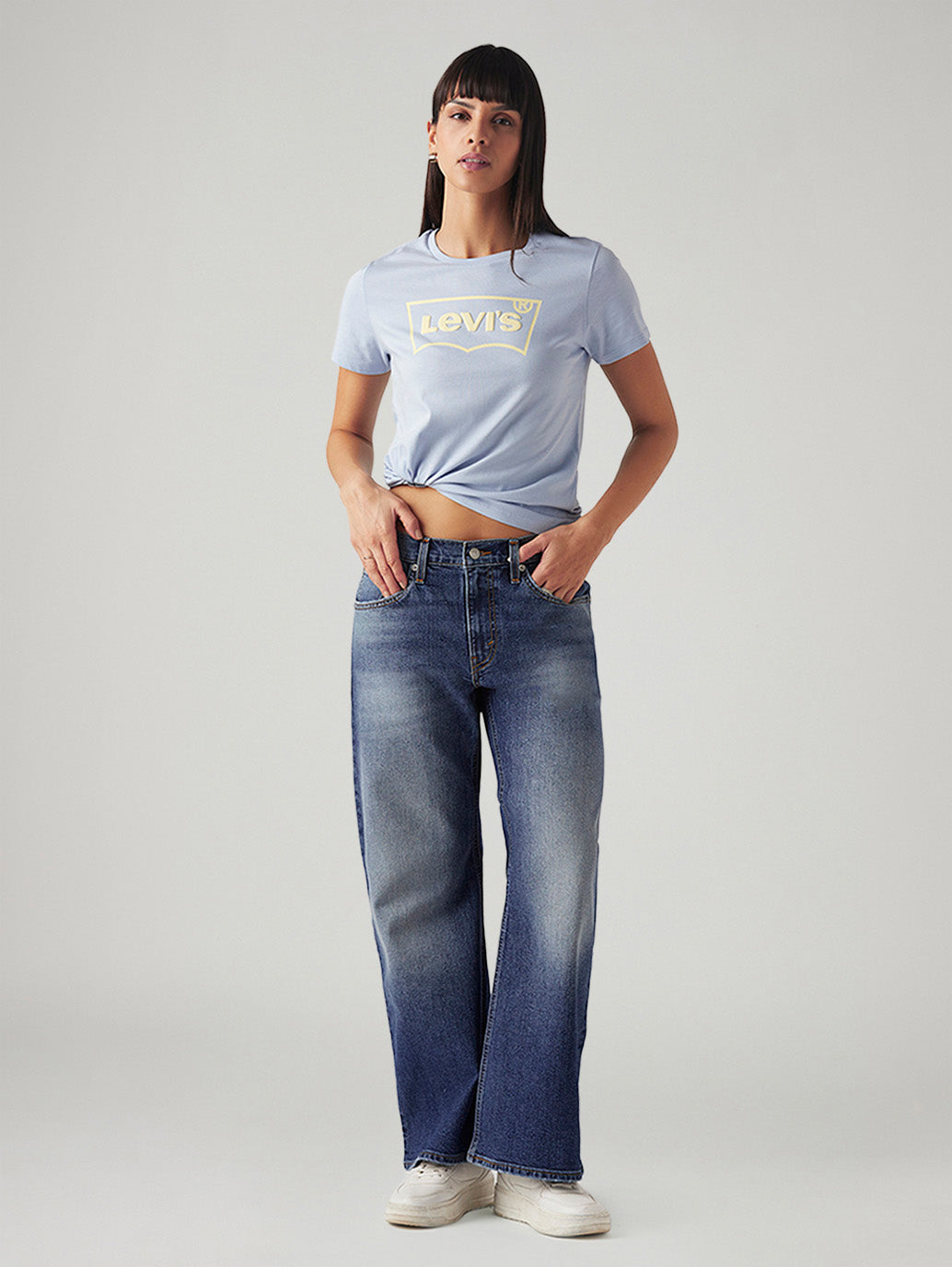 Women's Med Indigo Loose Bootcut Fit Mid Rise Jeans