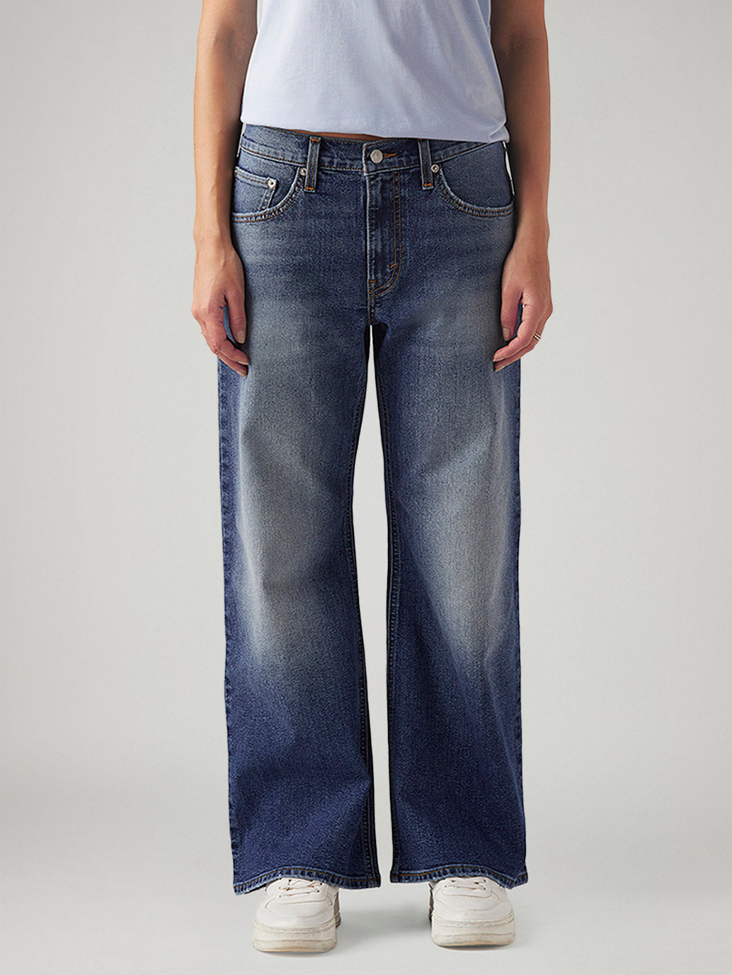Women's Med Indigo Loose Bootcut Fit Mid Rise Jeans