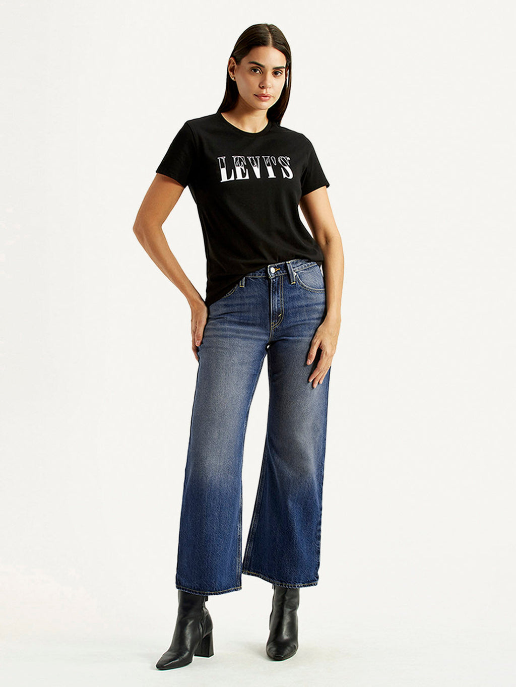 Women's Tinted Dark Indigo Loose Bootcut Fit Mid Rise Jeans