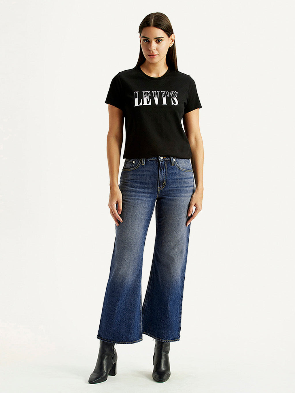 Women's Tinted Dark Indigo Loose Bootcut Fit Mid Rise Jeans