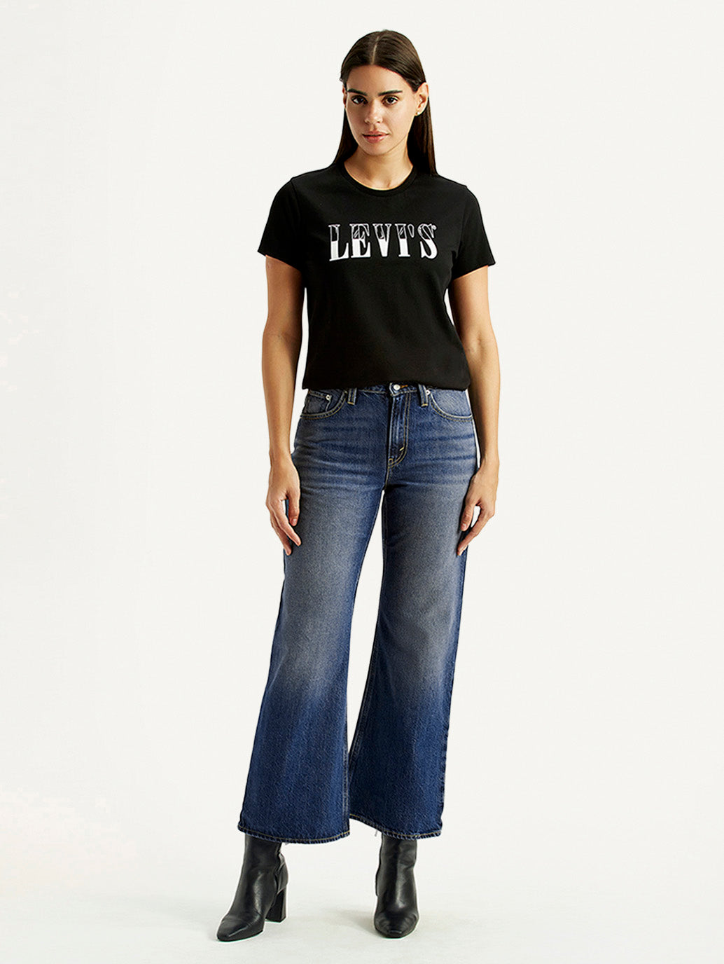 Women's Tinted Dark Indigo Loose Bootcut Fit Mid Rise Jeans