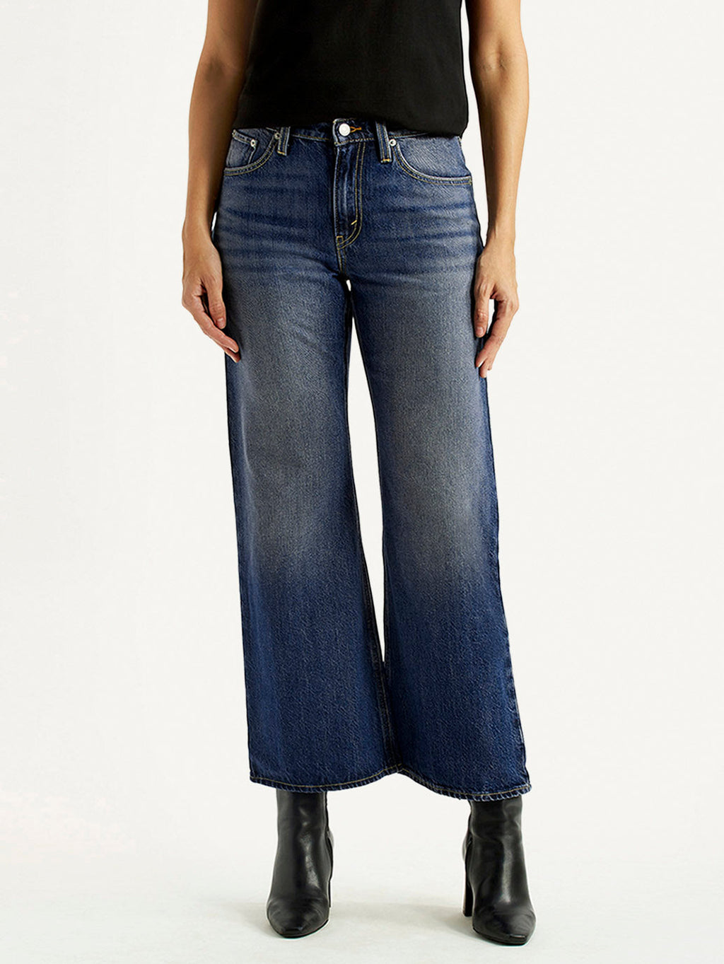 Women's Tinted Dark Indigo Loose Bootcut Fit Mid Rise Jeans