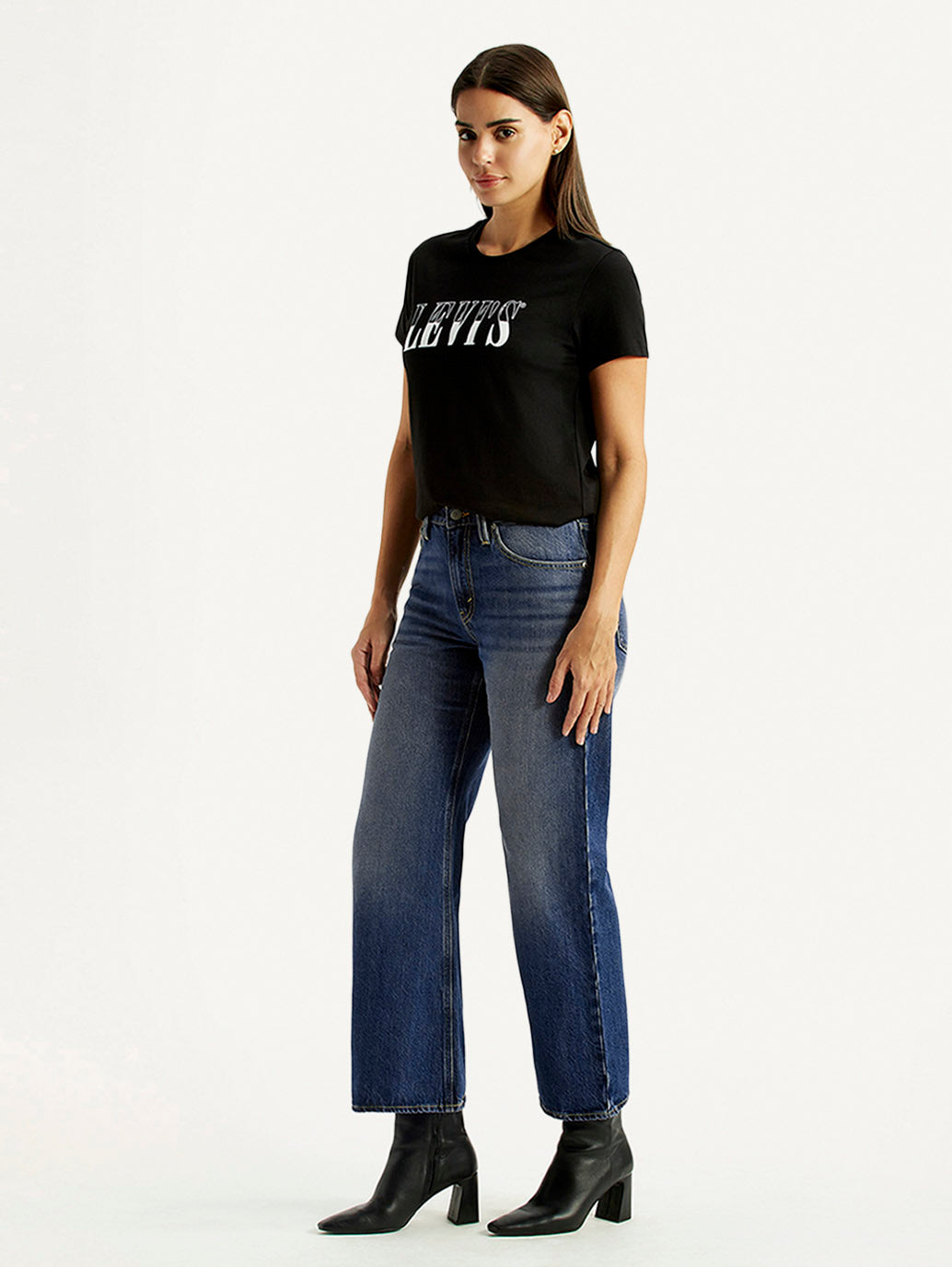 Women's Tinted Dark Indigo Loose Bootcut Fit Mid Rise Jeans