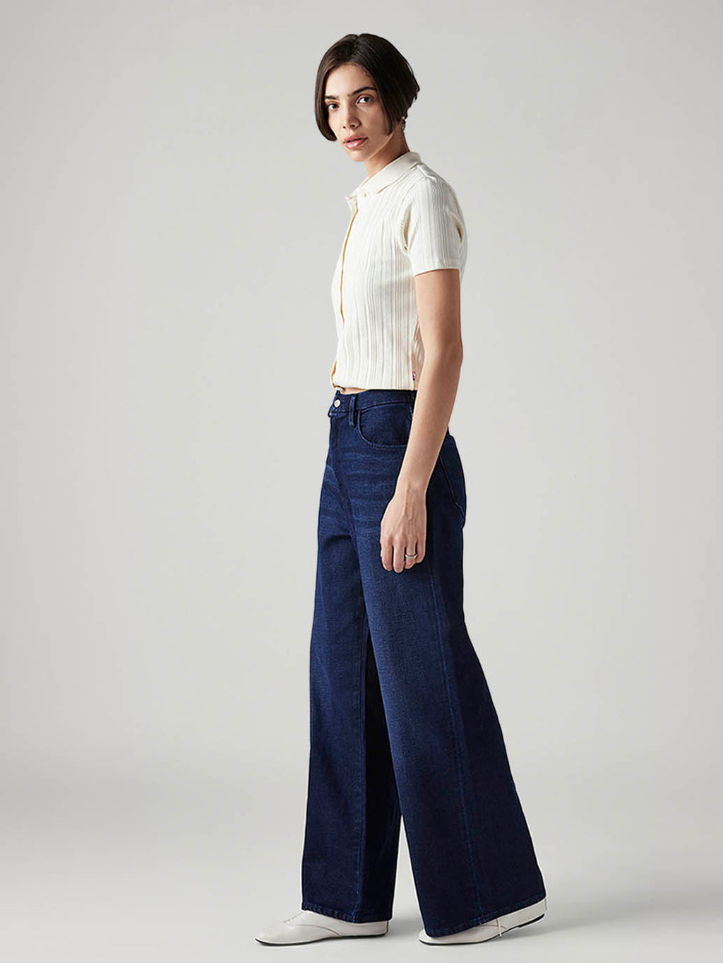 Women's Dark Blue Ribcage Wide Leg Fit High Rise Redloop Jeans