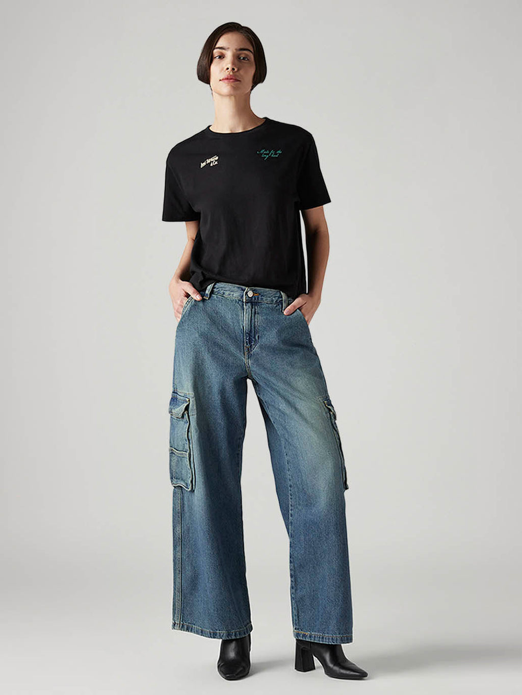 Women's Blue XL Straight Loose Fit Mid Rise Cargo Jeans