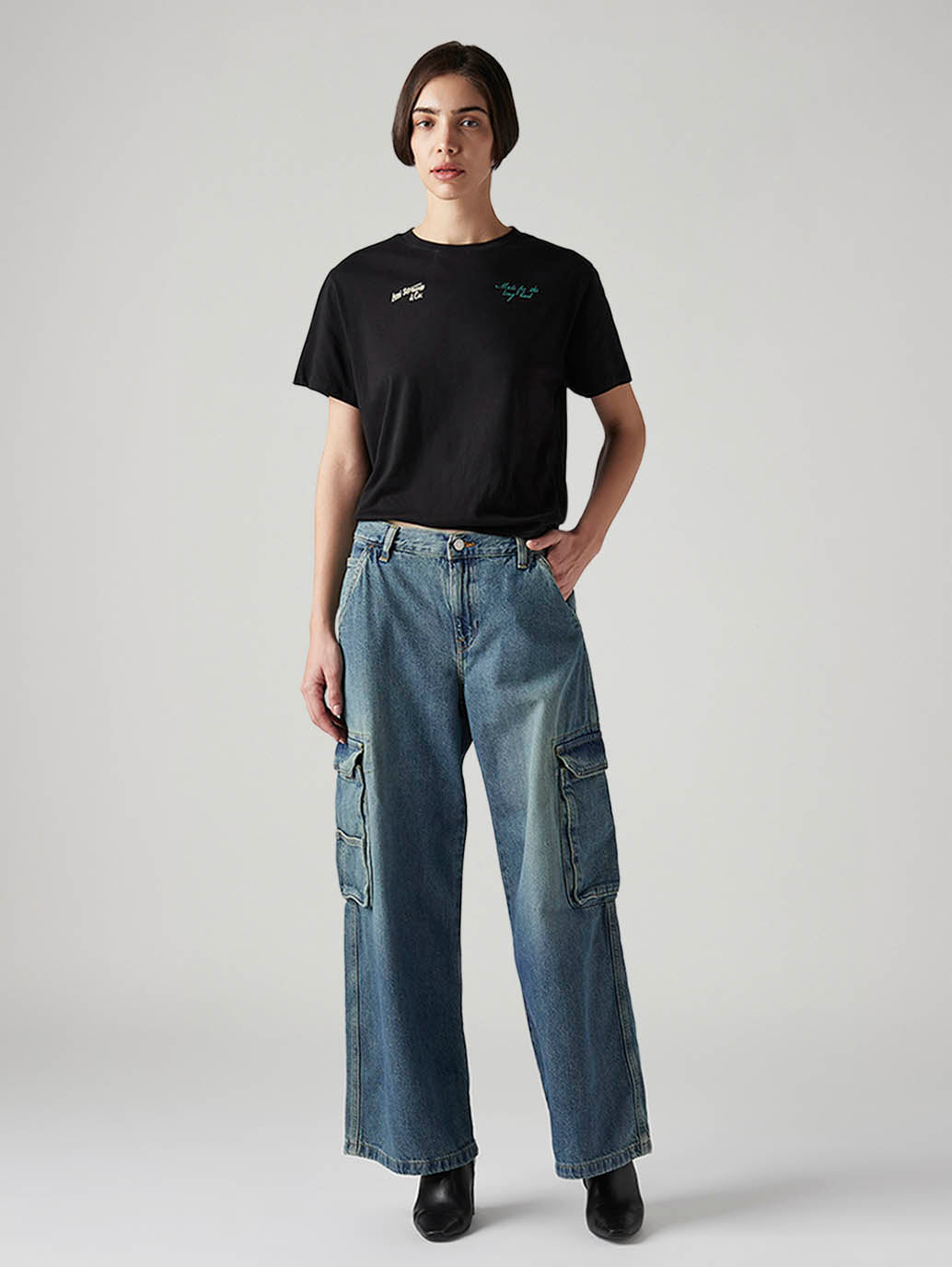 Women's Blue XL Straight Loose Fit Mid Rise Cargo Jeans