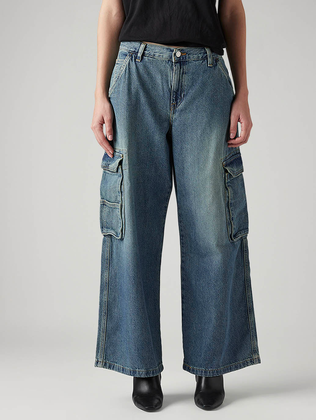 Women's Blue XL Straight Loose Fit Mid Rise Cargo Jeans